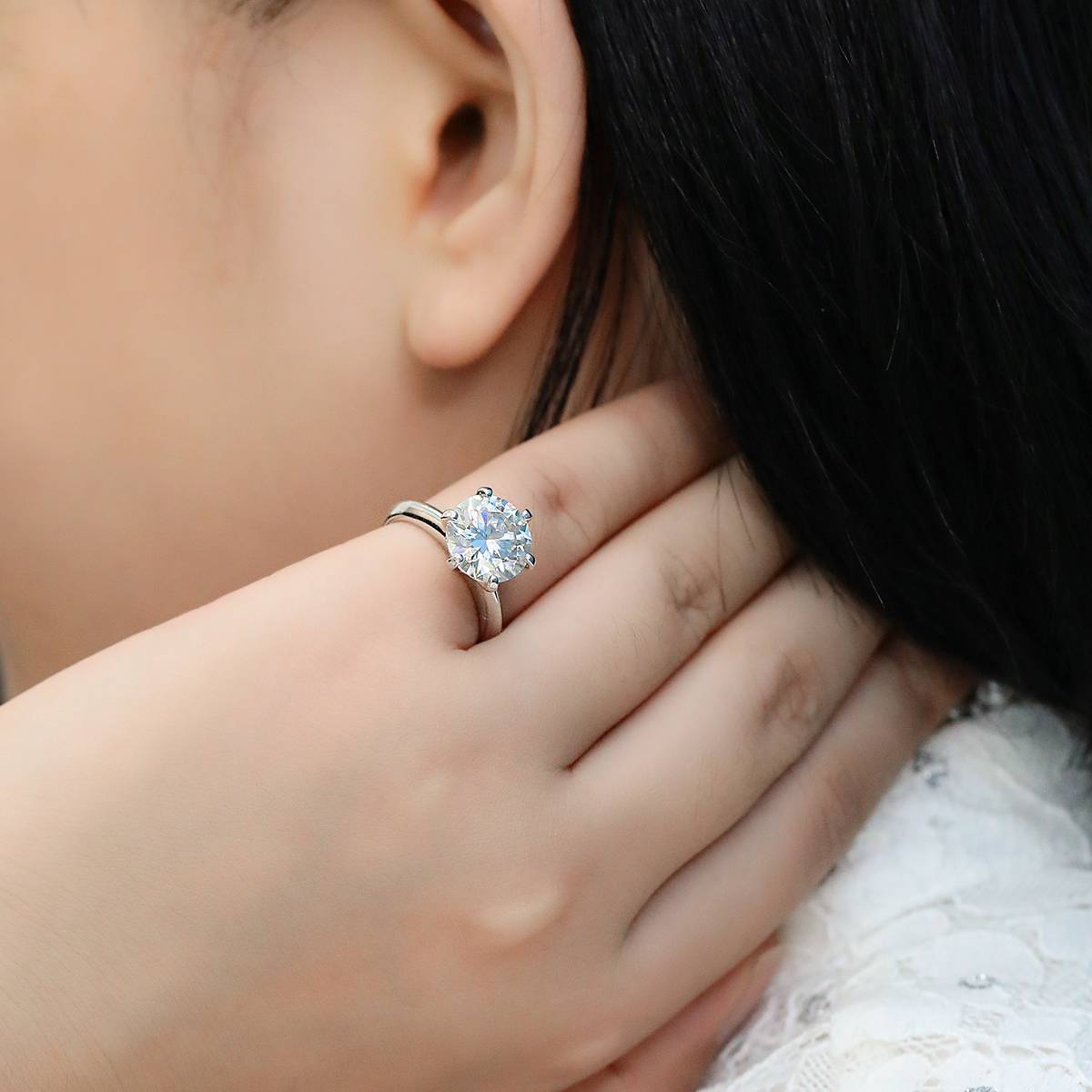 Light Arm T Home Six Claw S925 Silver Plated Platinum Moissanite Diamond Women's Ring 5.0 Carat D-Class